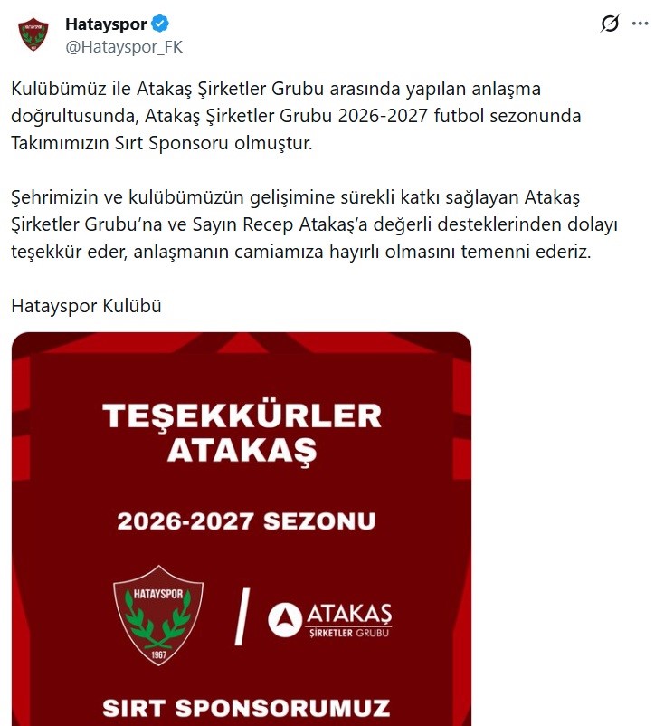 Atakaş , Hatayspor’a  sponsor oldu