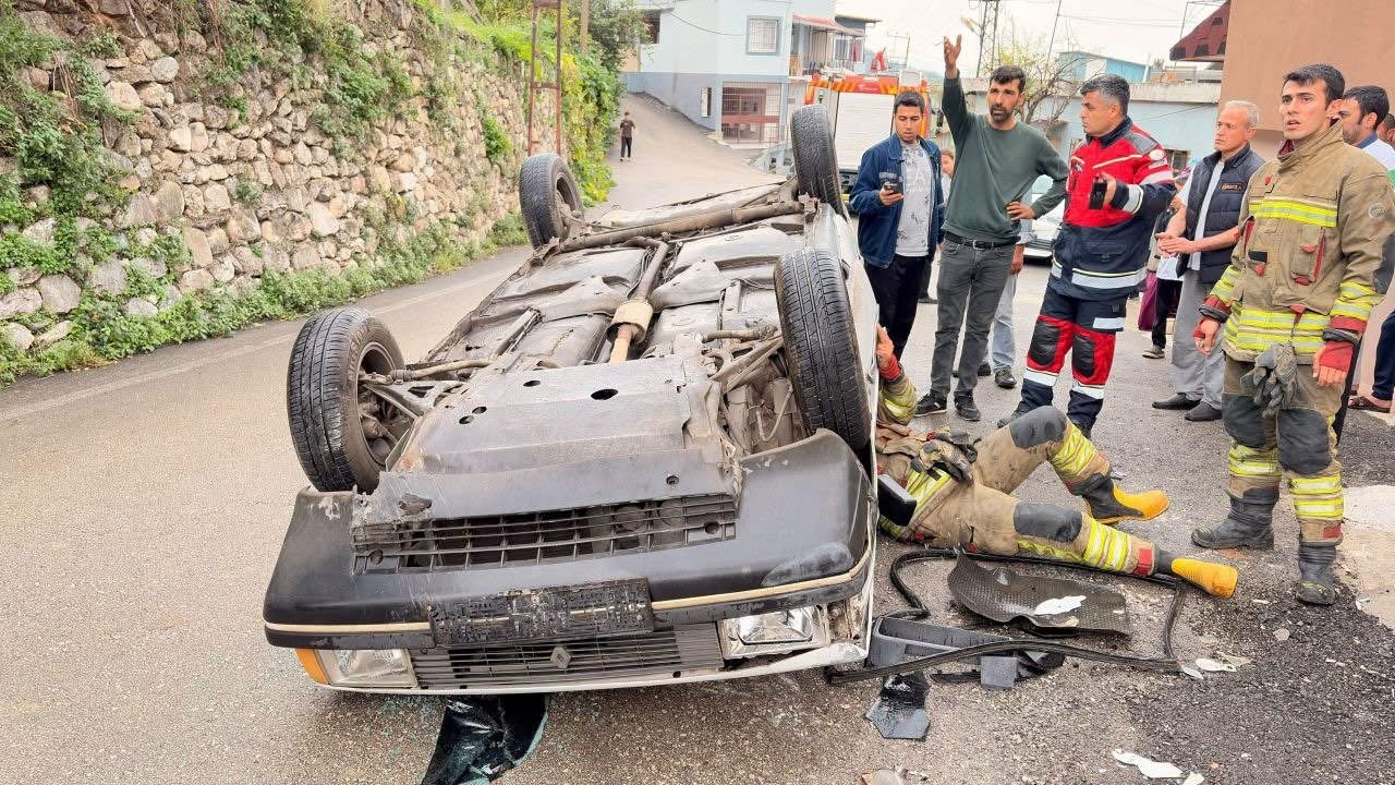 takla atan otomobilin sürücüsü yaralandı.